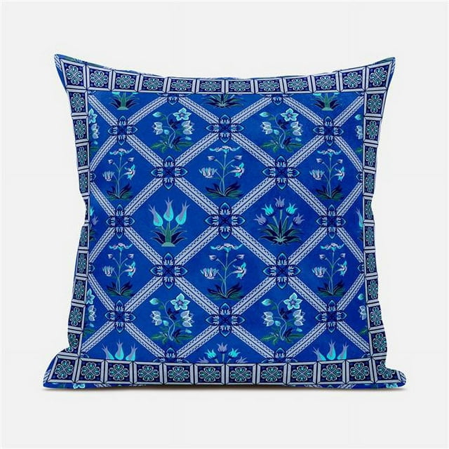 Amrita Sen Designs CAPL1053FSDS-BL-18x18 18 x 18 in. Mughal Art Suede Blown & Closed Pillow - Blue, Grey & Turquoise