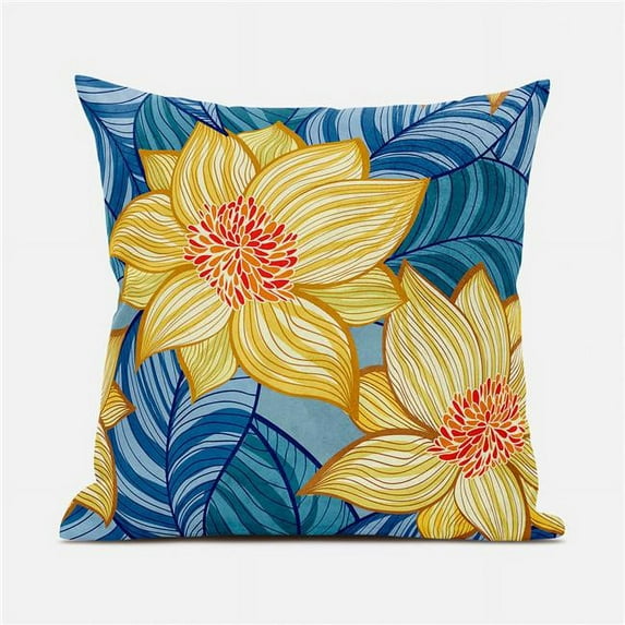 Amrita Sen Designs CAPL1114BrCDS-BL-16x16 16 x 16 in. Mangnolia Flower & Leaf Broadcloth Indoor & Outdoor Blown & Closed Pillow - Blue, Yellow & Red