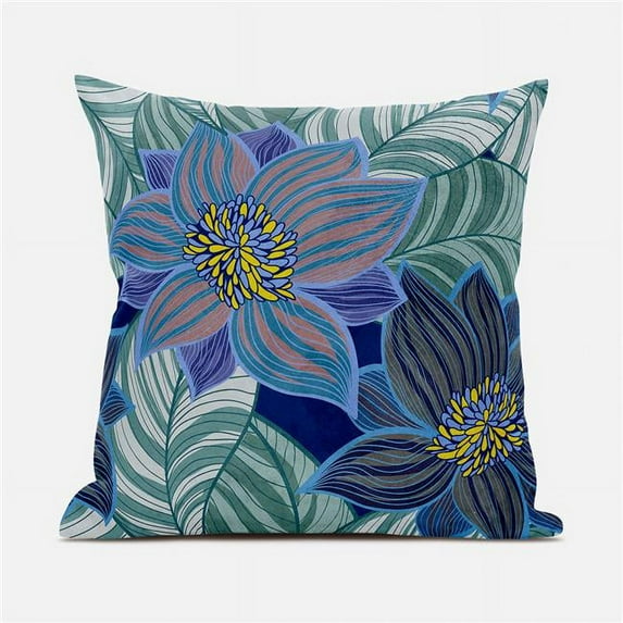 Amrita Sen Designs CAPL1115BrCDS-BL-16x16 16 x 16 in. Mangnolia Flower & Leaf Broadcloth Indoor & Outdoor Blown & Closed Pillow - Green, Blue & Yellow