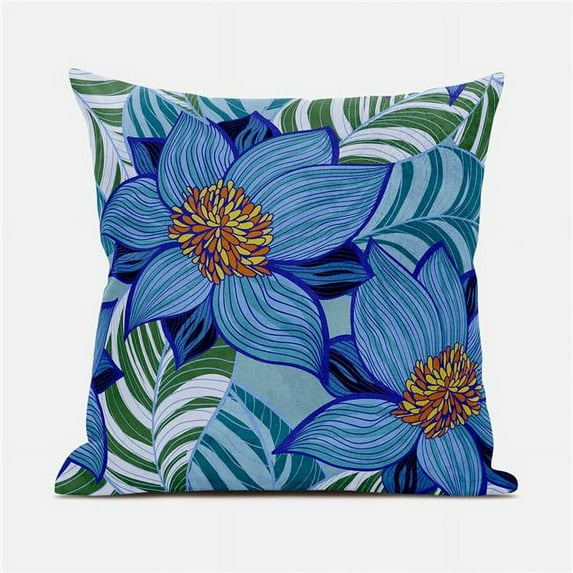Amrita Sen Designs CAPL1118BrCDS-BL-20x20 20 x 20 in. Mangnolia Flower & Leaf Broadcloth Indoor & Outdoor Blown & Closed Pillow - White, Green & Blue