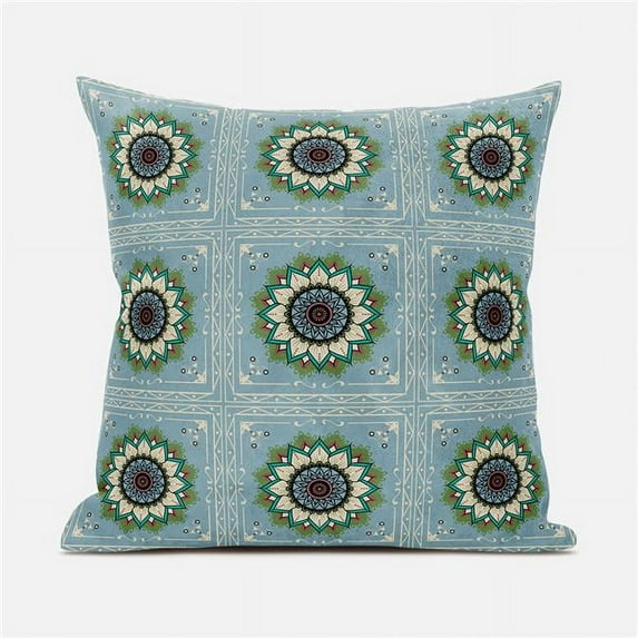 Amrita Sen Designs CAPL1129BrCDS-BL-16x16 16 x 16 in. Moonflower Mandala Broadcloth Indoor & Outdoor Blown & Closed Pillow - Blue, Green & Pink