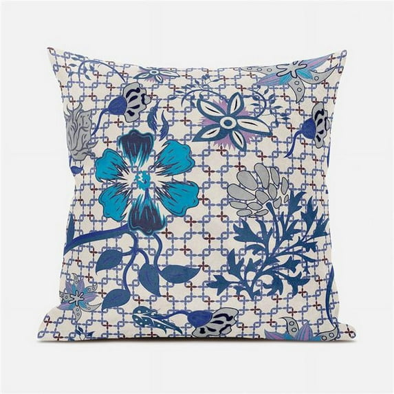 Amrita Sen Designs CAPL1142BrCDS-BL-20x20 20 x 20 in. Checkerboard & Flowers Broadcloth Indoor & Outdoor Blown & Closed Pillow - Multi Color