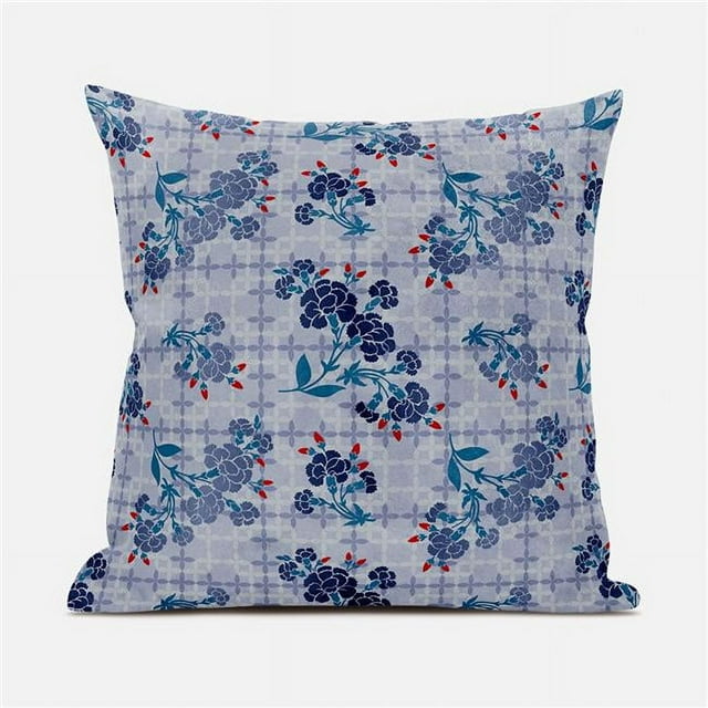 Amrita Sen Designs CAPL1145BrCDS-BL-18x18 18 x 18 in. Checkerboard Marigold Flowers Broadcloth Indoor & Outdoor Blown & Closed Pillow - Grey, Indigo & Red