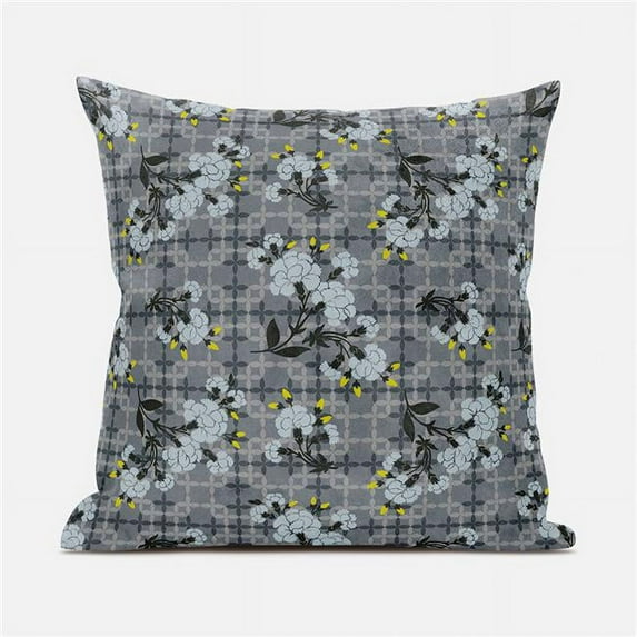 Amrita Sen Designs CAPL1150BrCDS-BL-16x16 16 x 16 in. Checkerboard Marigold Flowers Broadcloth Indoor & Outdoor Blown & Closed Pillow - Grey, Light Blue & Beige