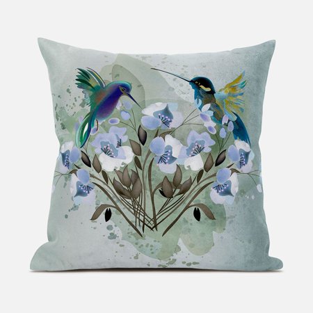 Amrita Sen Designs CAPL706BrCDS-BL-26x26 26 x 26 in. Hummingbird Love Broadcloth Indoor & Outdoor Blown & Closed Pillow - Green & Blue