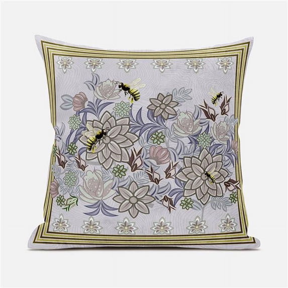 Amrita Sen Designs CAPL721BrCDS-ZP-26x26 26 x 26 in. Honeybee on Flower Broadcloth Indoor & Outdoor Zippered Pillow - Purple & Brown