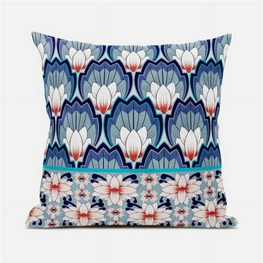 Amrita Sen Designs CAPL743BrCDS-ZP-18x18 18 x 18 in. Lotus Broadcloth Indoor & Outdoor Zippered Pillow - Grey, Blue & Orange
