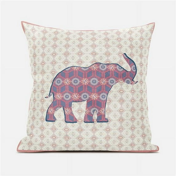 Amrita Sen Designs 16 x 16 in. Elephant Silhouette Duo Suede Zippered Pillow with Insert - Off White, Pink & Blue