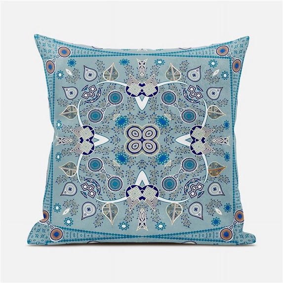Amrita Sen Designs CAPL863BrCDS-BL-20x20 20 x 20 in. Paisley Leaf Geo Duo Broadcloth Indoor & Outdoor Blown & Closed Pillow - Muted Blue, Beige & White
