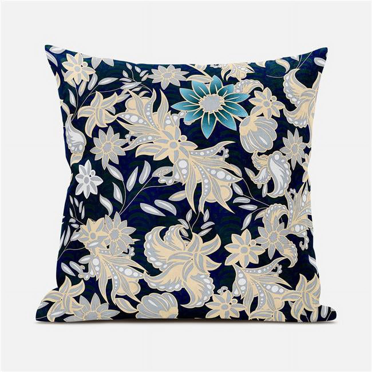 Navy and Beige Floral Paisley 20" Square Outdoor Pillow