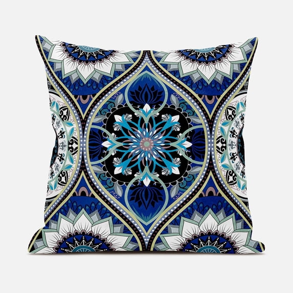 Amrita Sen Designs CAPL959FSDS-ZP-20x20 20 x 20 in. Bohemian Mandala Vector Suede Zippered Pillow with Insert - Blue, White & Turquoise