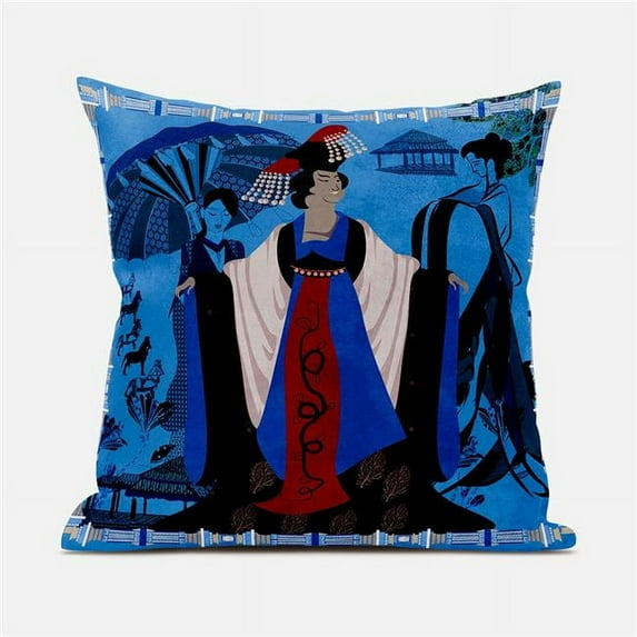 Amrita Sen Designs 28 x 28 in. Three Woman Broadcloth Indoor & Outdoor Blown & Closed Pillow - Blue, Red & Brown
