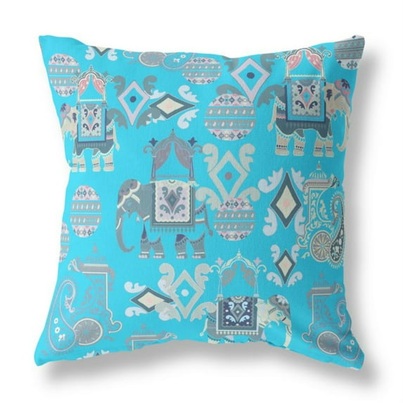 Elephant Howdah Indoor/Outdoor Pillow with Removable Cover in Light Blue Gray 18x18