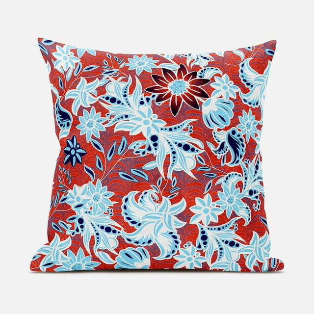 Amrita Sen Flying Floral Paisley Indoor/Outdoor Pillow with Removable Cover in Red White Blue18x18