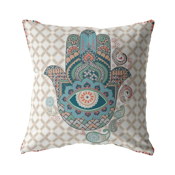 Hamsa Suede Blown and Closed Pillow Muted Blue on Orange 18"x18"