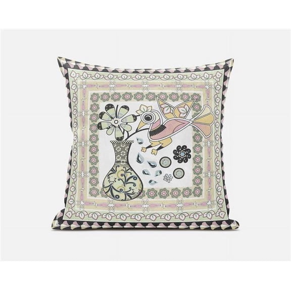 Love Your Vase Peacock Indoor/Outdoor Fabric Pillow Zip-White Pink Green 18"