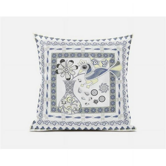 Love Your Vase Peacock Indoor/Outdoor Fabric Pillow Zip-White Yellow Gray 16"