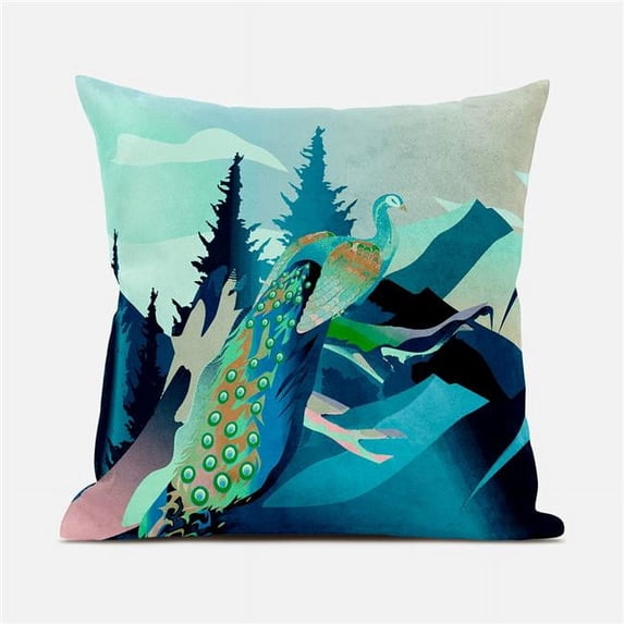 Amrita Sen Mountain Peaock Indoor/Outdoor Pillow with Removable Cover in Blue Black Purple16x16