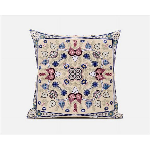Paisley Leaf Geo Indoor/Outdoor Fabric Pillow with Zip in Beige Indigo Red 26"