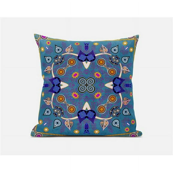 Paisley Pattern Square Indoor/Outdoor Fabric Pillow with Zip in Blue Gold 20"