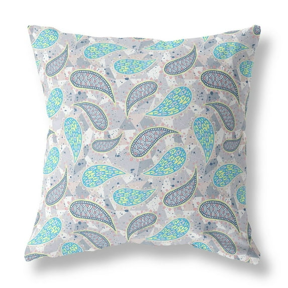 Paisley on Abstract Indoor/Outdoor Fabric Pillow in Green Gray Black 16x16