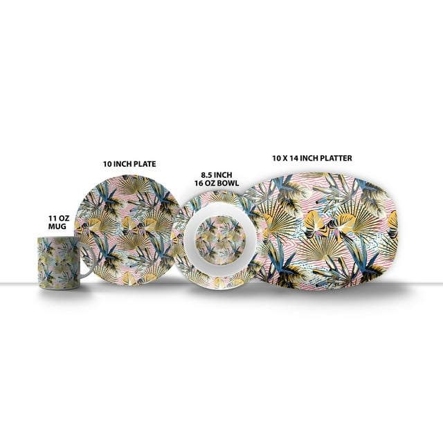 Amrita Sen Plant Illusion 10 in Decorative Microwave Safe Thermosaf Dinner Set by Amrita Sen in Gold Blue Pink
