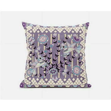 Amrita Sen Pond Peacock Indoor/Outdoor Pillow with Removable Cover in Muted Purple Yellow18x18