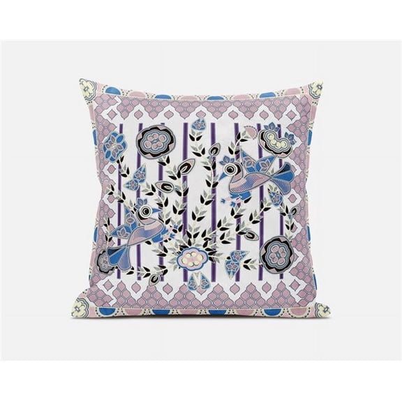 Pond Peacock Indoor/Outdoor Fabric Pillow with Zip in White Muted Pink Black 26"