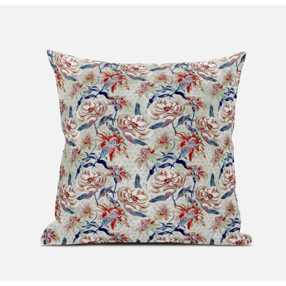 Roses Sprayed Stars Suede Zippered Pillow W Insert in Light Blue Red 16 x 16