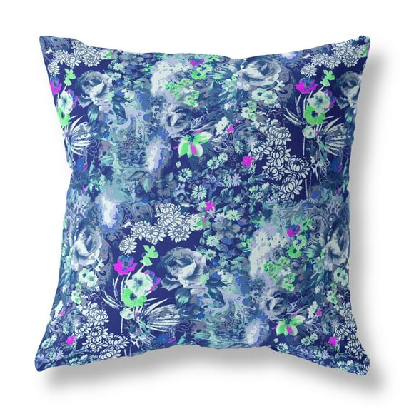 Sea Garden Rose Indoor/Outdoor Fabric Pillow in Purple Blue 16x16