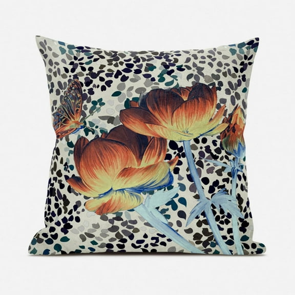 16" Three Roses with Butterfly Suede Zippered Pillow with Insert - Orange Yellow