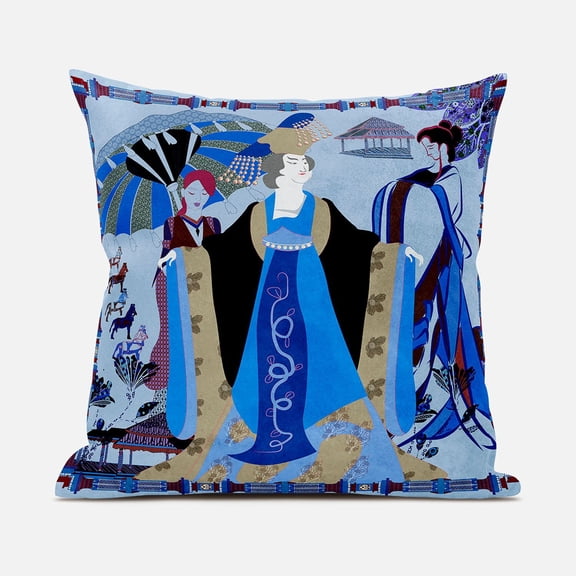 Amrita Sen Three Women Throw Pillow in Blue Beige Red 16x16