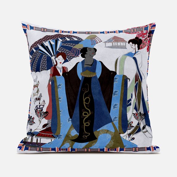 Amrita Sen Three Women Indoor/Outdoor Pillow with Removable Cover in White Blue Brown18x18