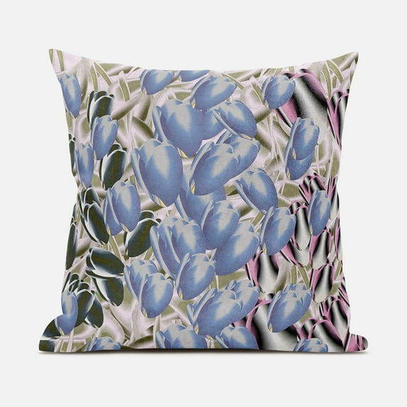 Amrita Sen Tulip Bouquet Throw Pillow in Blue Silver Green 16x16