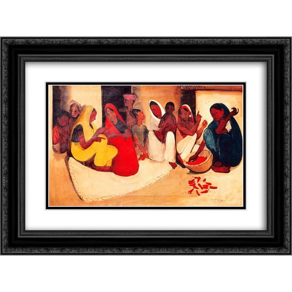Amrita Sher Gil 2x Matted 24x20 Black Ornate Framed Art Print 'Village Scene'