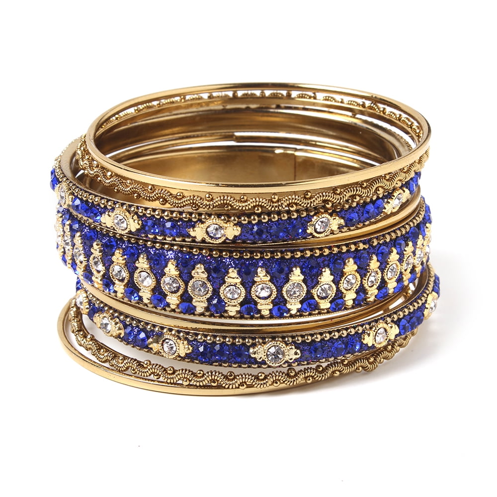 Amrita Singh Glitzy Gold tone Brass and Blue Crystal Bangle Set of 9 Amrita Singh Glitzy Gold tone Brass and Blue Crystal Bangle Set of 9
