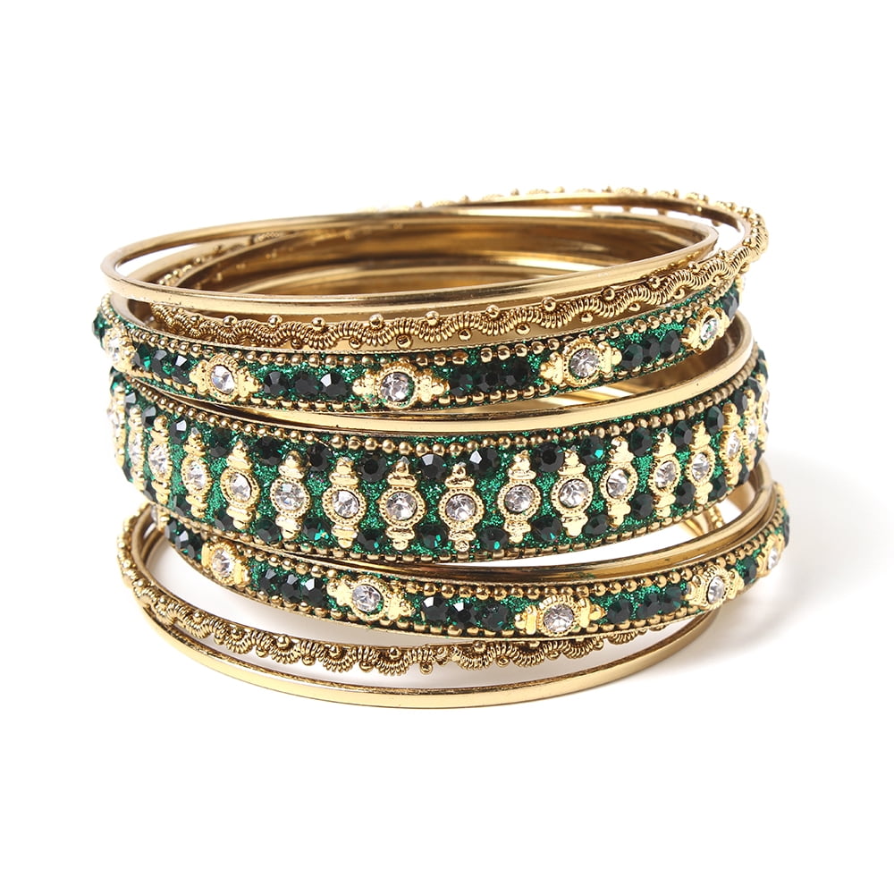 Amrita Singh Glitzy Gold Tone Brass and Emerald Crystal Bangle Set of 9 Women s Green