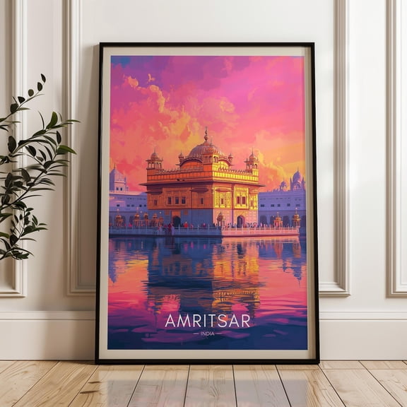 Amritsar India Travel Print, Golden Temple Illustration Art Print, Unframed Paper Poster 24x36in