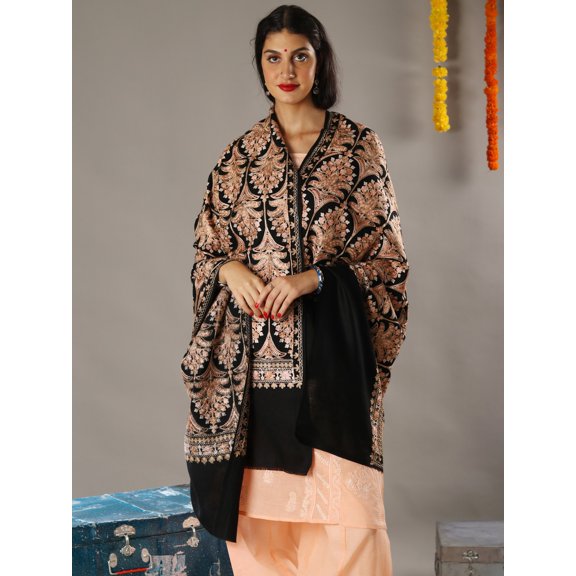 Amritsari Chain Stitch Satin Aari Embroidered Mughal Motif Pure Wool Shawl – Black 1