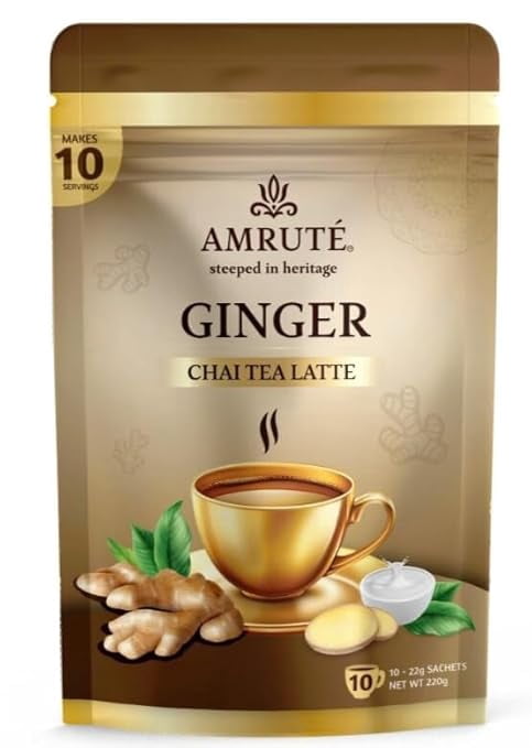 Amruté Ginger Chai Tea Latte – 10 Single Serves, Instant Chai Drink Mix