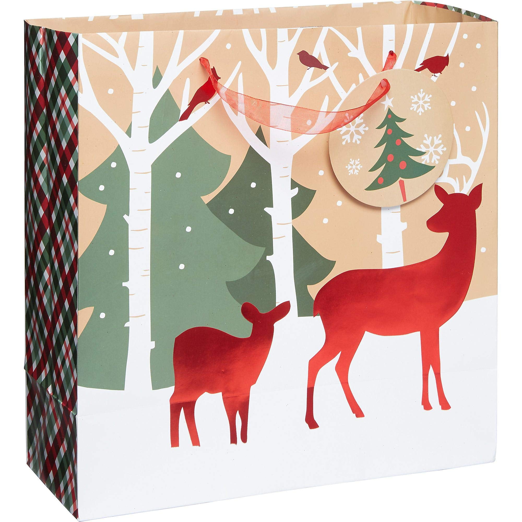 Large Multicolor Paper Holiday Gift Bag with Deer Design