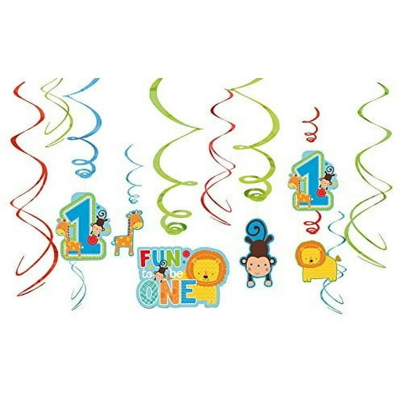 Amscan 1st Birthday One Wild Boy Hanging Swirl Decorations, 12pc, Jungle & Safari