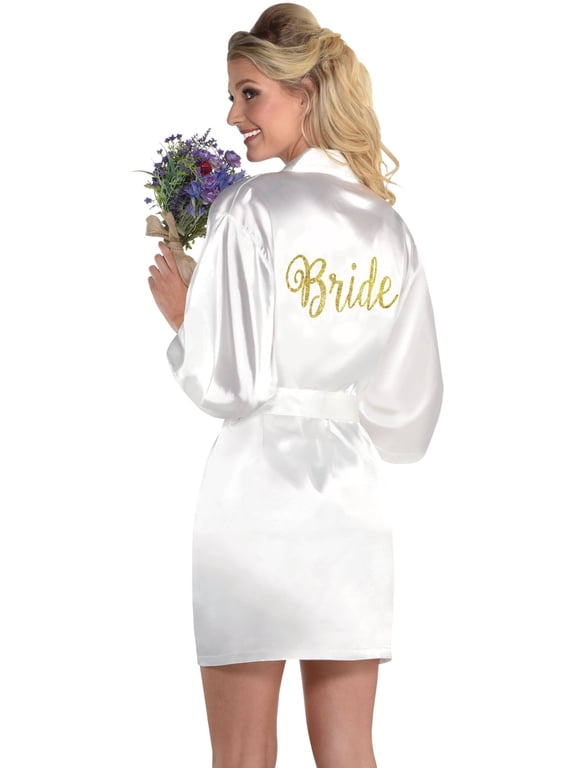 Adult "Bride" Satin Glitter Robe, Gold/White, One Size, Wearable Accessory for Weddings/Bachelorette Party
