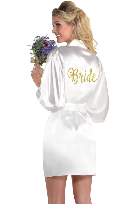 Adult "Bride" Satin Glitter Robe, Gold/White, One Size, Wearable Accessory for Weddings/Bachelorette Party