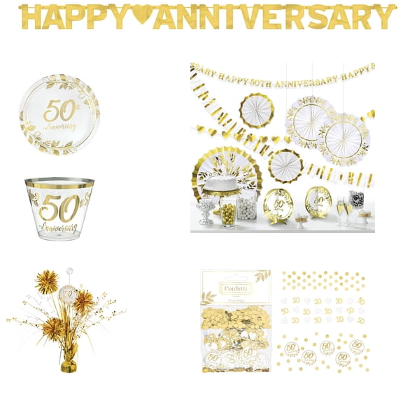 Amscan 50th Anniversary Party Kit, 41 Pc Set, Plates 10.5", Cups 9oz, Centerpiece 18"