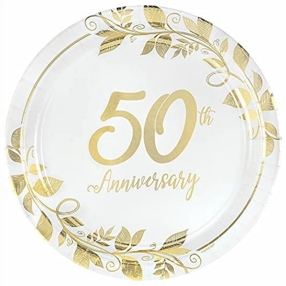 Amscan 592503 Happy 50th Anniversary Party Lunch Paper Plates (8 Ct.), 10 1/2", Gold
