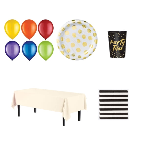 Amscan All Ages Birthday Party Kit, Table Cover, Paper Plates, Favor Cups, Napkins & Latex Balloons