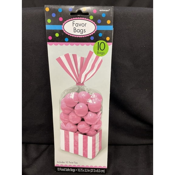 Amscan Beautiful Striped Party Plastic Favor & Giveaway Bag (10 Pack), New Pink, 10 3/4" x 3 3/8"