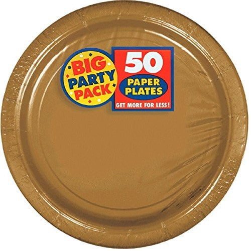 Amscan Big Party Pack 7" Round Paper Plates, Gold, 50 Plates Per Pack, Set Of 2 Packs