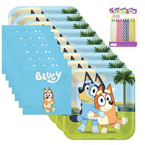 Amscan Bluey Party Supplies Pack Serves 16: Bluey Birthday Party Supplies; Bluey 7" Dessert Plates & Beverage Napkins with Birthday Candles (Bundle for 16)